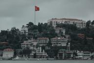 flag, houses